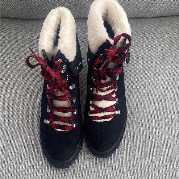 Jellypop mission, black faux suede with faux Sherpa trimmed Laced ankle boots 10 - Picture 4 of 11